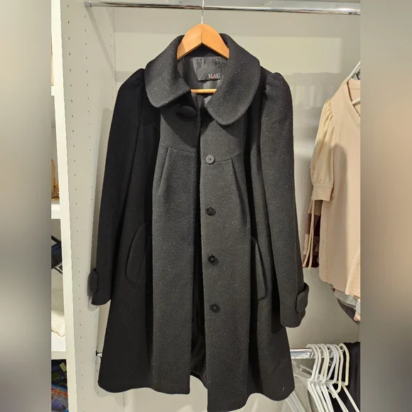 Women's Sz Small Wool Coat Jacket in Black w Oversized Collar and Puff Shoulders - Picture 2 of 11